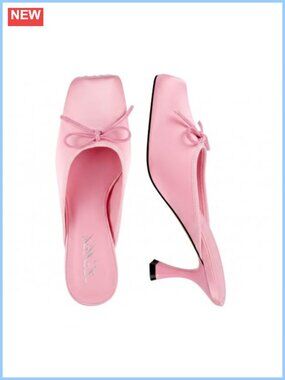 Satin Ballet Mule Kitten Heels Slip On Square Toe Pumps with Bow